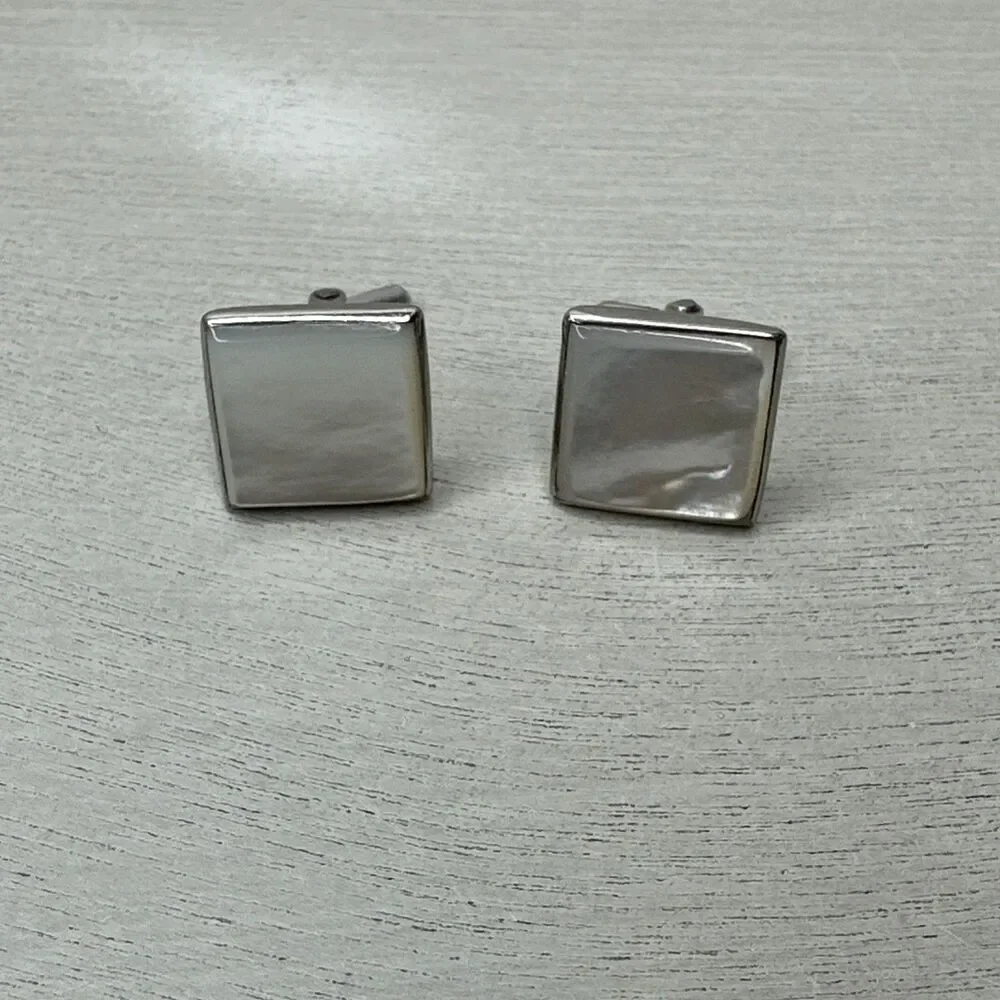 White Mother of Pearl Squares Silver Tone Vintage Cuff Links
